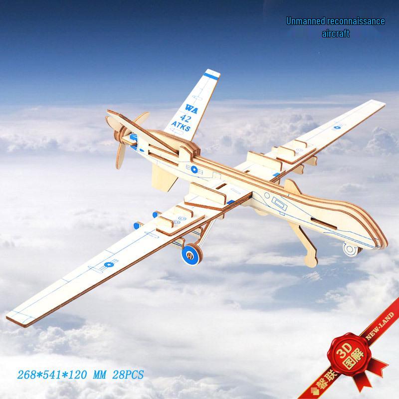 3D Wooden DIY Unmanned Recon Aircraft Model Puzzle - Educational Assembly Toy for Kids