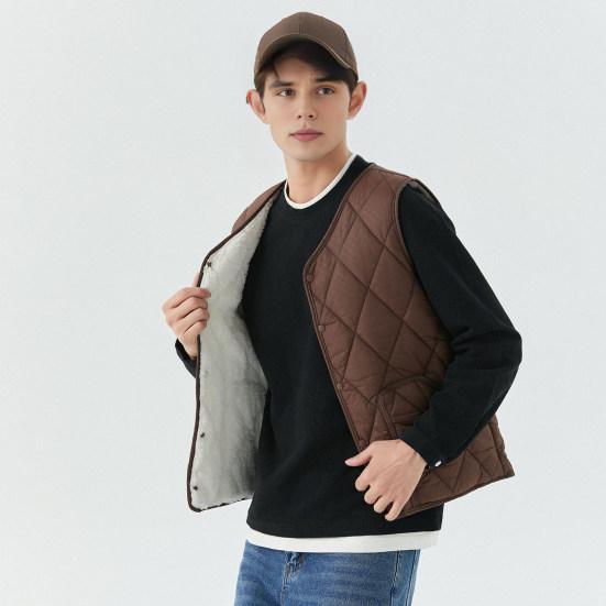 Men Winter Waistcoat No Collar Single Breasted Solid Color Waistcoat with Pockets Thickened Velvet Lining Vest Coat