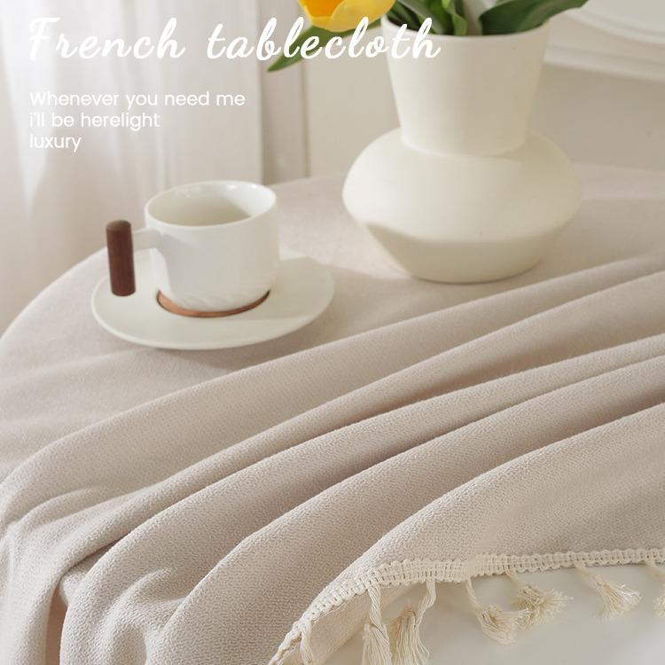 Solid Color Linen Tablecloth With Fringe Round Rectangle Dining Desk Table Cover