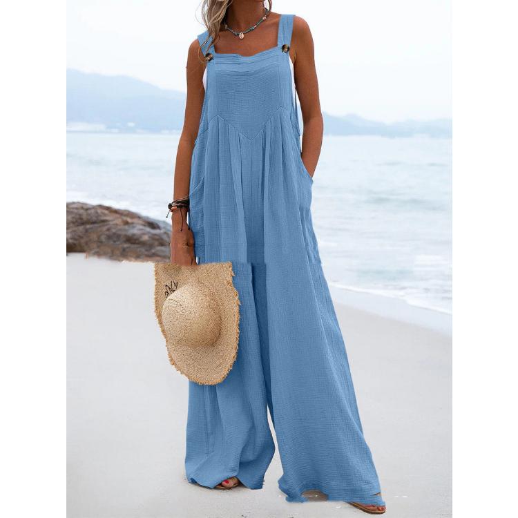 Sommer-Damen-Overall, ärmellos, weites Bein, Knopf, modischer Overall im Ethno-Stil