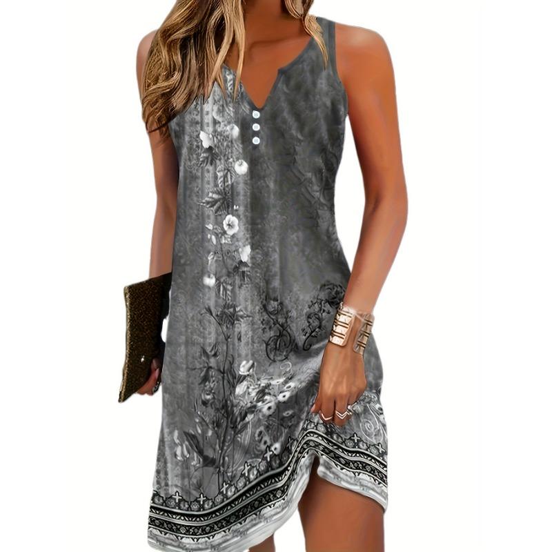 Floral Print Sleeveless Dress, Casual Notched Neck Midi Dress, Women's Clothing
