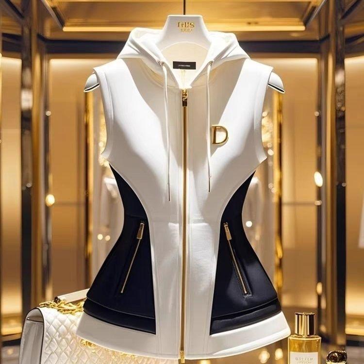 White Hooded Sleeveless Zipper Cardigan Vest Women Jackets Casual Office Lady Temperament Waistcoat High End Slim Tanks Top