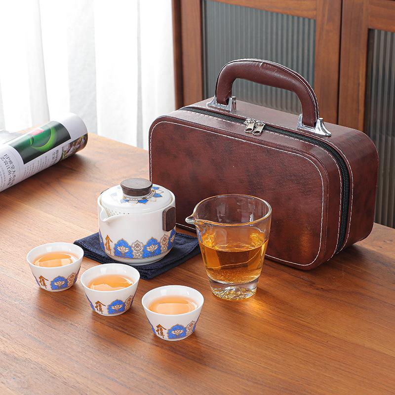 Ceramic Tea Set Travel Portable Outdoor Tea Bag Ceramic One Pot Three Cups Tea Set Home Office Quick Customer Cup Handheld Gift