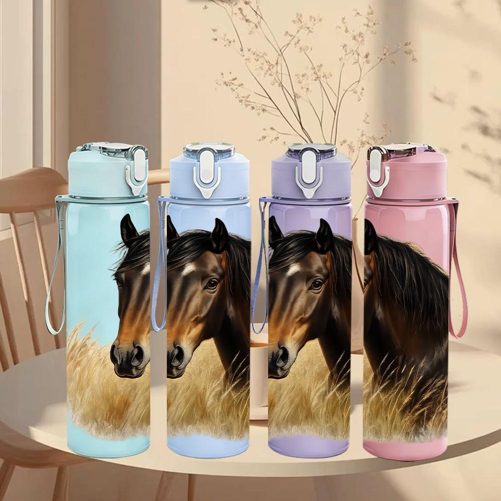 1 Stück Braunes Pferd Bauernhoftier-Druck 750ml Farbe Kunststoff Sport-Wasserflasche Auslaufsicher Klappdeckel mit Strohhalm Geeignet für Sport Büro Hausgebrauch