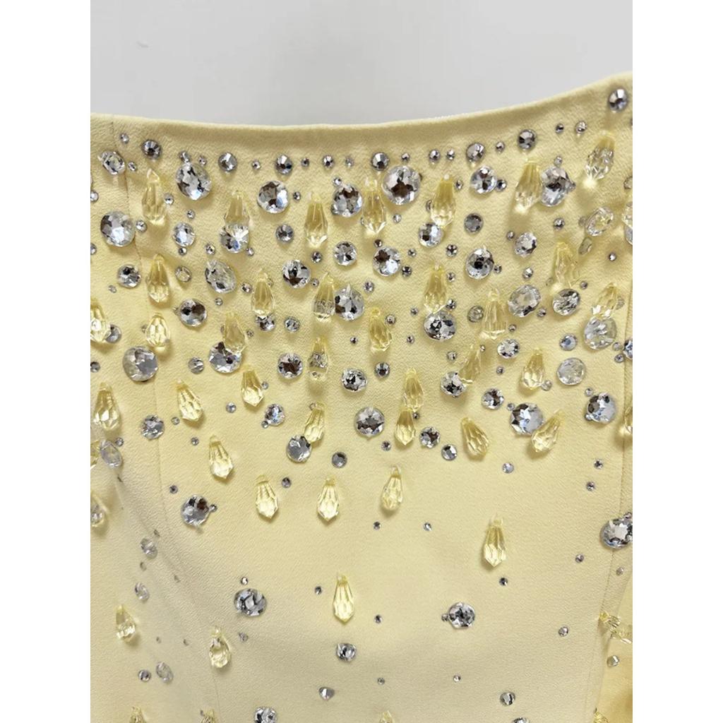 Newest Fashion Designer Vestido Women's Square Collar Beading Diamonds Long Sleeve Maxi Dress