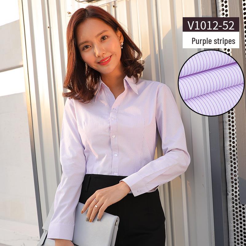 Women's 2025 Long-Sleeved White V-Neck Cotton Shirt - Slim Fit Professional Wear