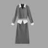 Internet Celebrity Patchwork Shirt Collar Sweatshirt & Midi Skirt Set for Women - Autumn Casual Two-Piece Ensemble
