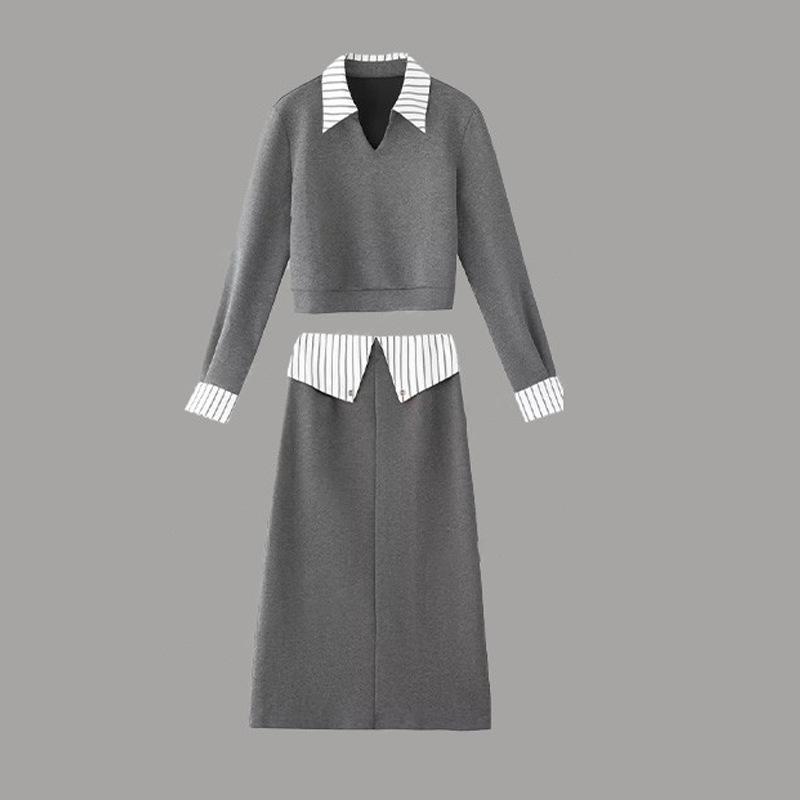 Internet Celebrity Patchwork Shirt Collar Sweatshirt & Midi Skirt Set for Women - Autumn Casual Two-Piece Ensemble