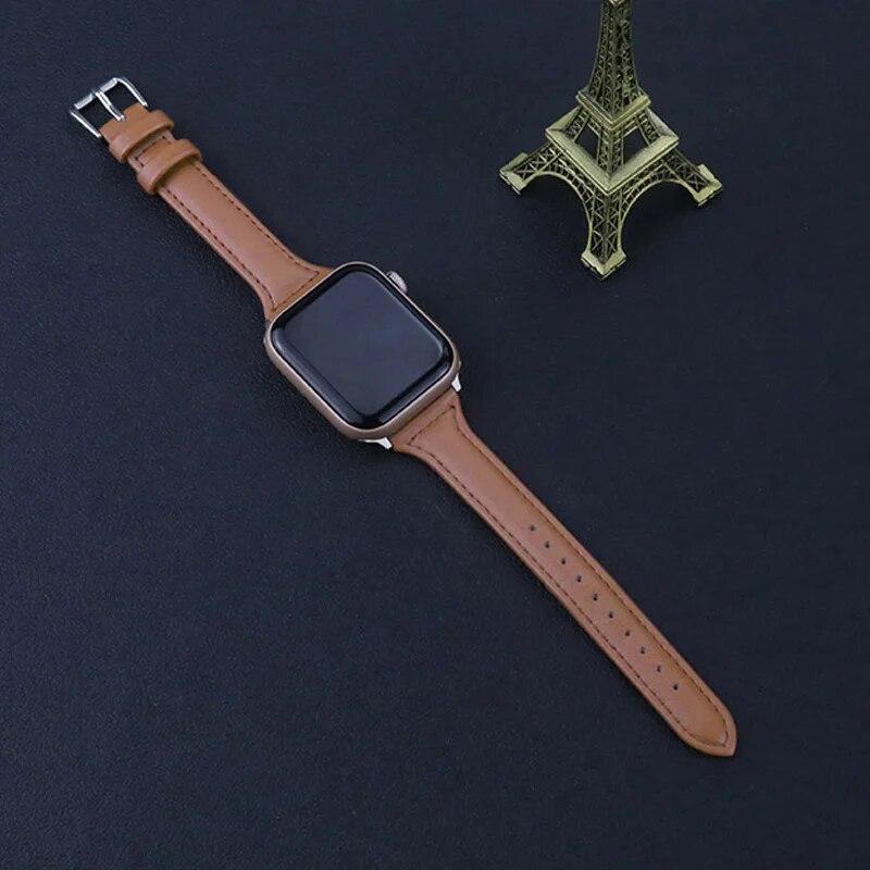 Leather Strap for Apple Watch Ultra 49mm 45mm 41mm 38mm 42mm 44mm 40mm Men Women Slim Genuine Leather Band for iWatch Serie 9 8 7 SE 6 5 4 3 2 1