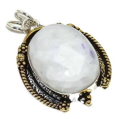 Natural Rainbow Moonstone Stone Tow Tone 925 Sterling Silver Pendant 1.77" I7N77