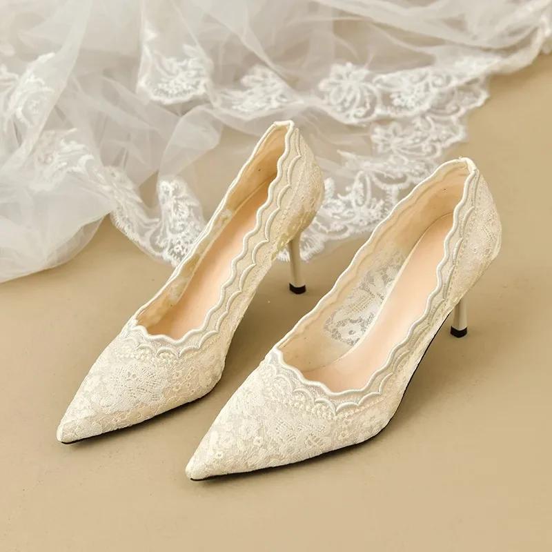 

Fashion Luxury White Lace Embroidery High Heel Bride Shoe Woman Elegant Point Toe Brand Design Stiletto Pump Ladies Wedding Dress Zapato 42 бежевый