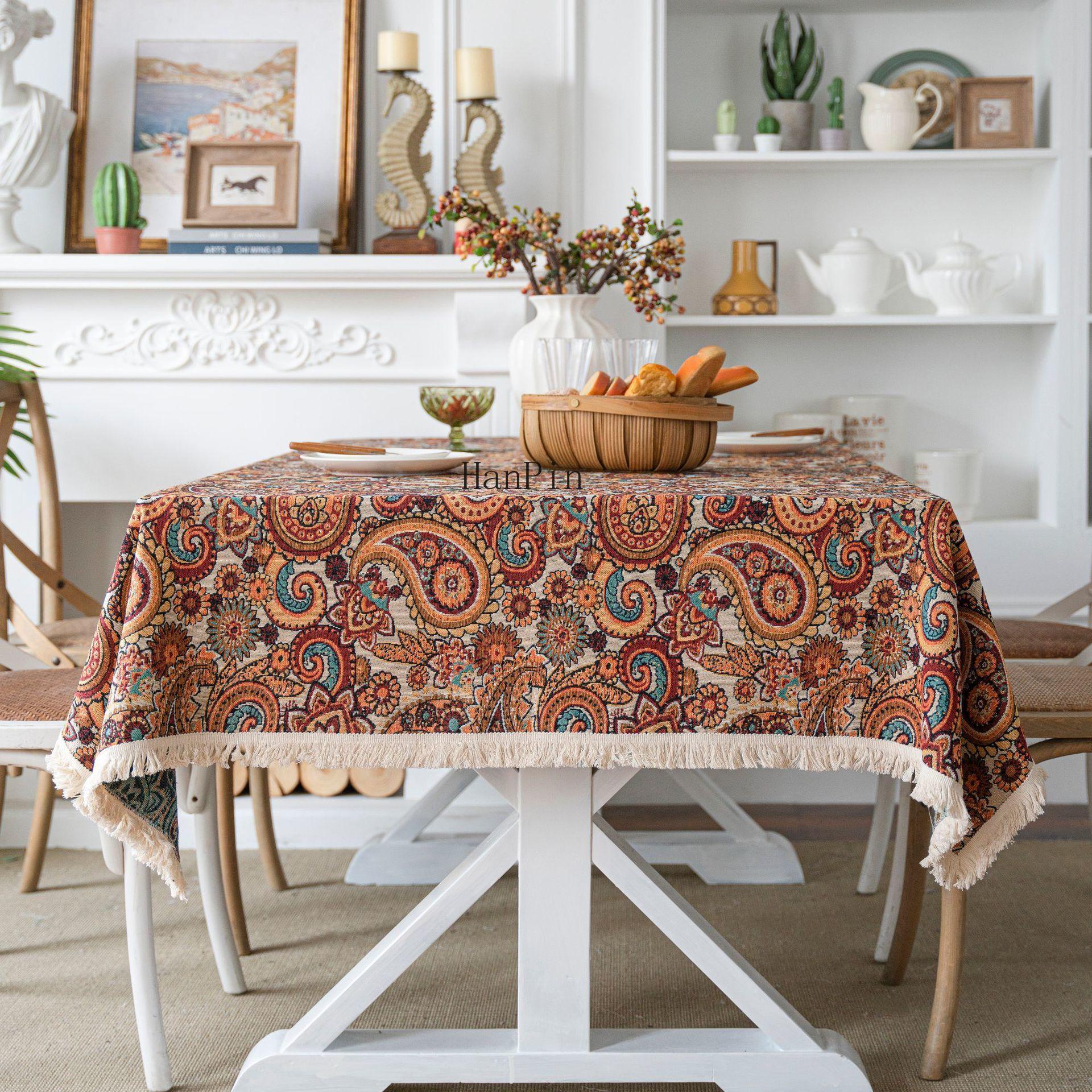

BEPAN Table Cloth American Colorful Jacquard Table Cloth Oil Painting Thick Table Cloth Blue Flower 60x60cm