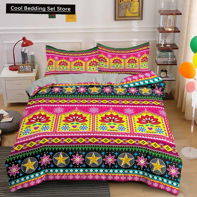 Indian Floral Style King Queen Duvet Cover Colorful Boho Mandala Bedding Set for Adults Geometric Exotic Polyester Quilt Cover