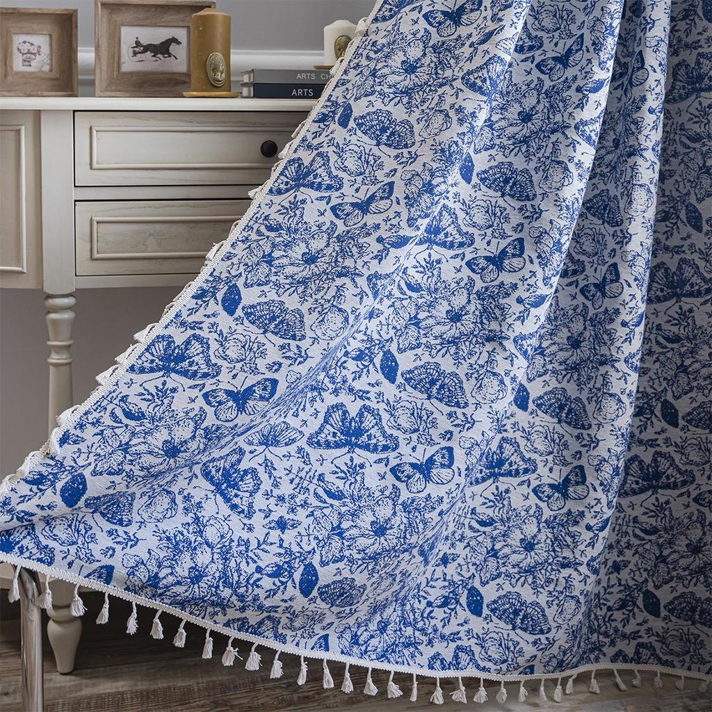 Imanqi Yun Blue Butterfly Jacquard Tassel Semi-Blackout Curtains for Kitchen or Bay Window