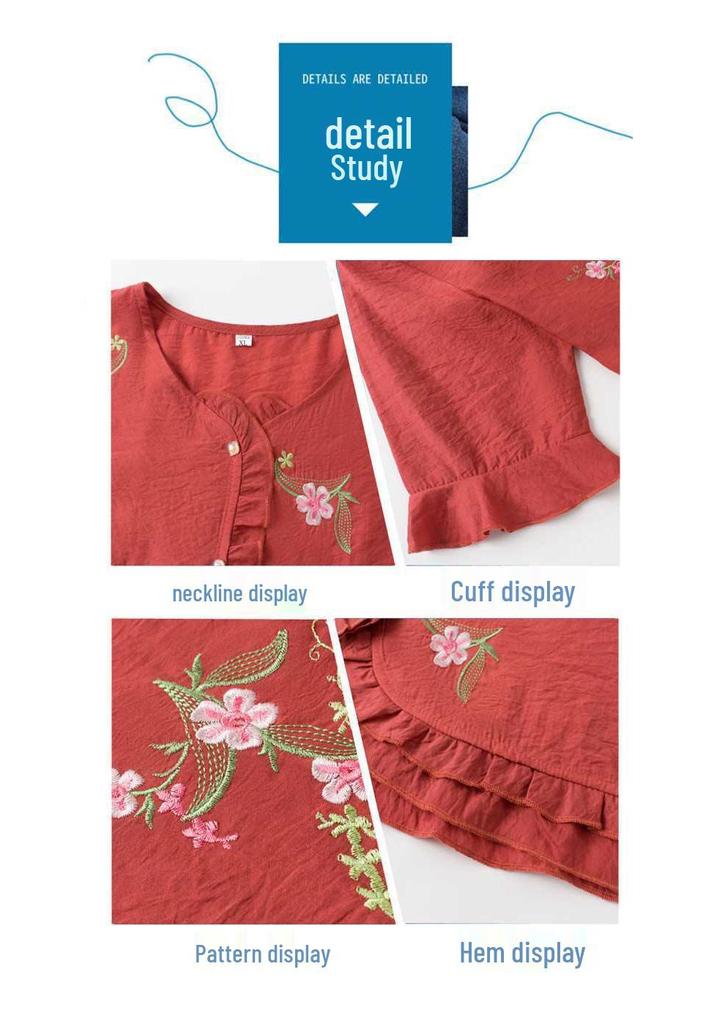 Mom's Chinese-Style Summer Set: Short Sleeve Embroidered Top for Middle-Aged & Elderly Women