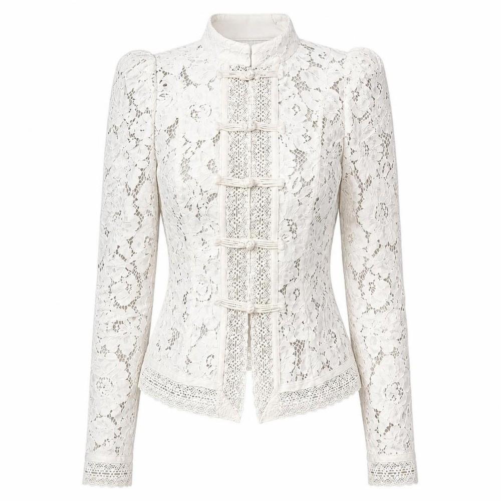 Long Sleeves See-Through Blouse Slim Fit Women Shirt Tops Vintage Lace Printed Shirts Spring