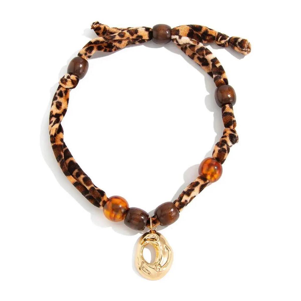 SHIXIN Vintage Leopard Print Velvet Acrylic Beads Choker Necklace Women New Trendy Hollow Irregular Geometric Pendant Necklace
