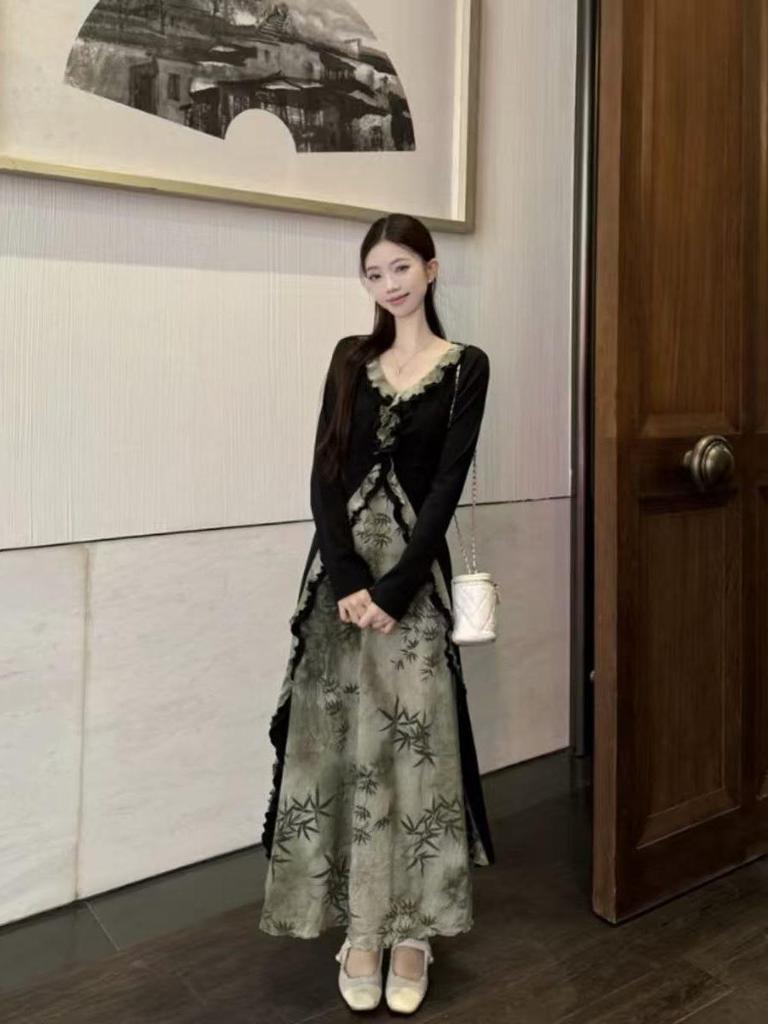 Herbstkleid in A-Linie für Übergrößen - Neuer chinesischer Stil, Zweiteiler-Look für Birnenförmige Figuren