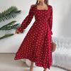 Elegant Women Solid High Waist Pleated Dress Long Sleeve Dot Lace Up Autumn Winter