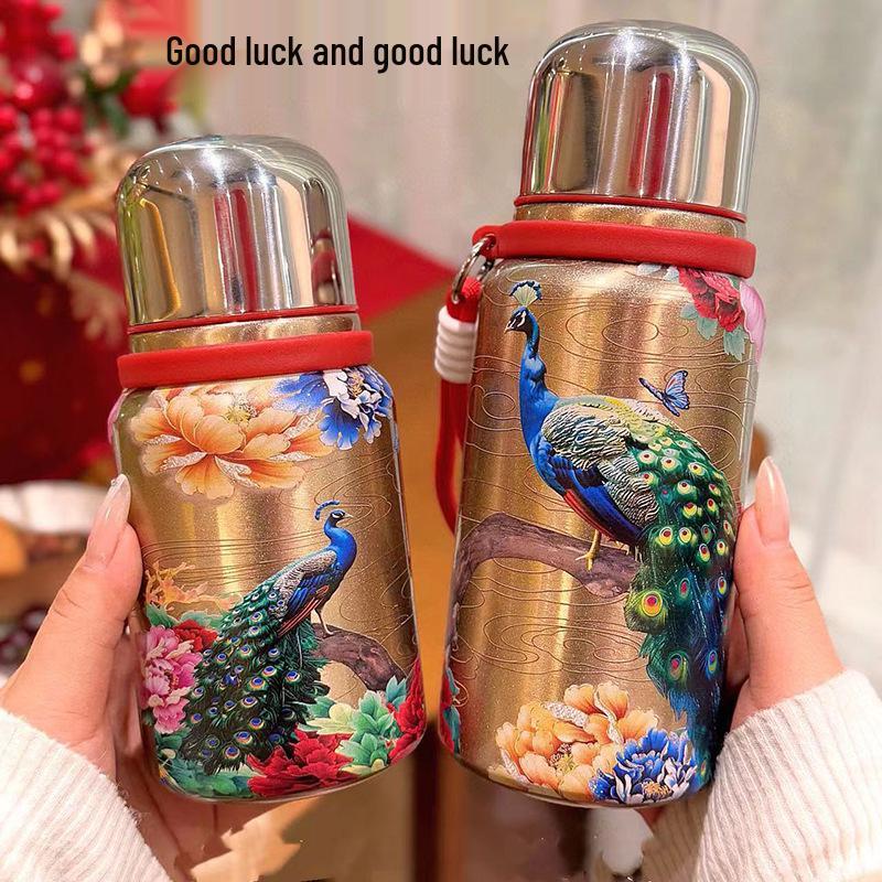 Golden Peacock National Style Stainless Steel Vacuum Insulated Water Cup - Large Capacity Double Layer Design