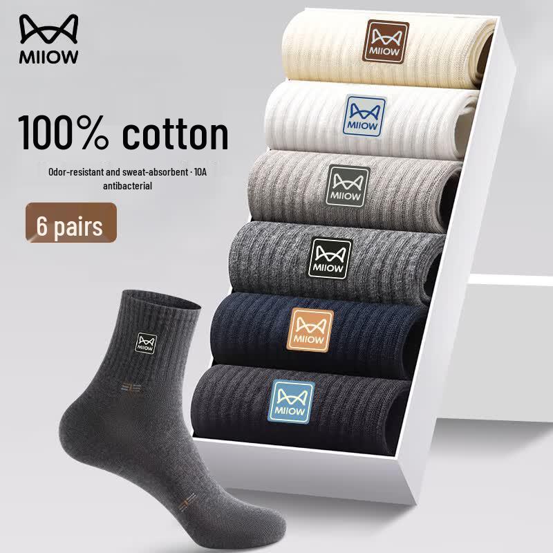 MiiOW Men s 100% Cotton Antibacterial Mid-Calf Socks (6 Pairs) One Size
