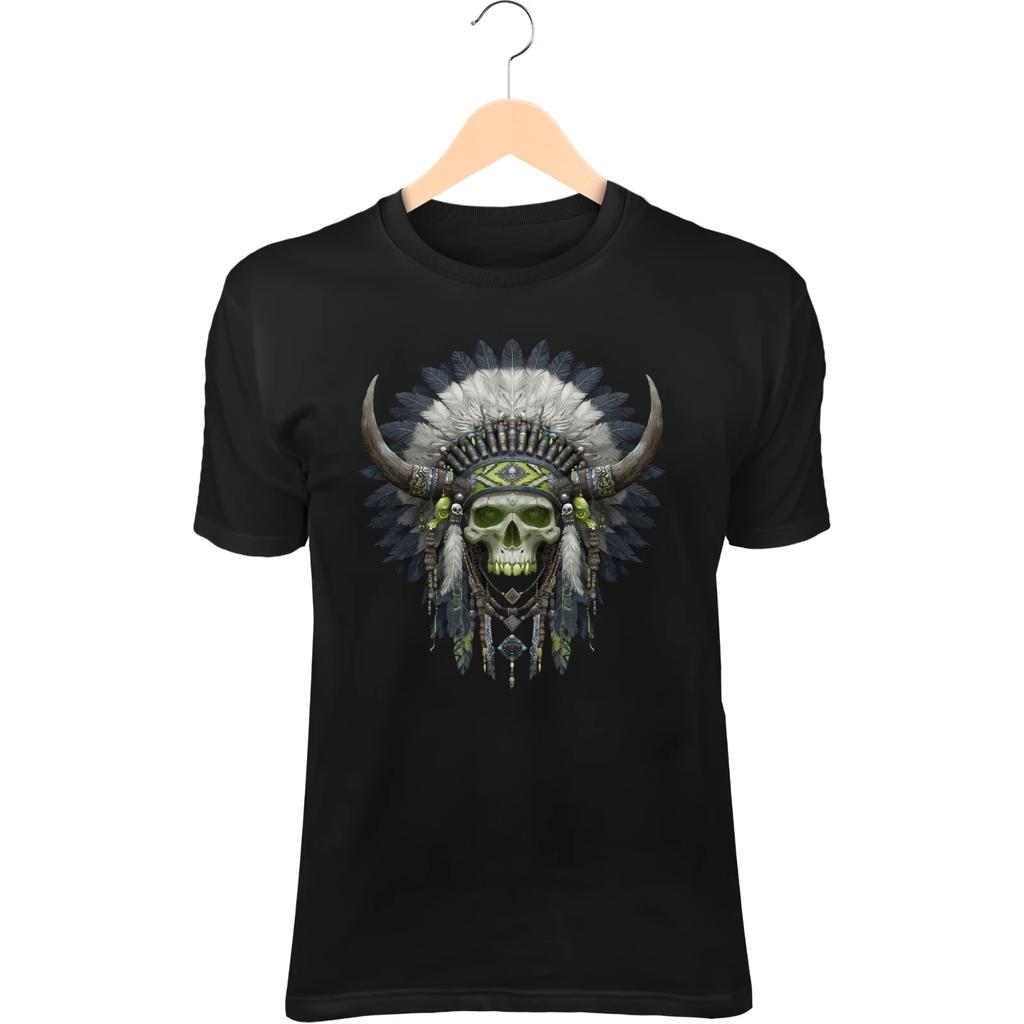 Skull Chieftain II T-Shirt – Horned Crown, Shaman Beads, Dark Mystic Style