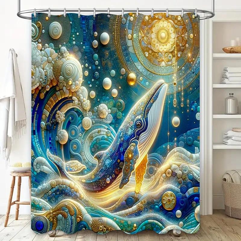 Fancy Blue Whale Shower Curtain Decorative Pattern Print Bathroom Liner for Home Decoration (Blue Gold)