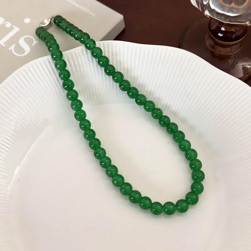 Minar 2026 New 4 6 8 10mm Green Color Glass Beads Strand Beaded Necklace for Women Female Silver Plated Toggle Clasp Chokers
