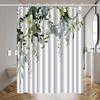 1Pc Plant Leaves And White Floral Shower Curtain, Polyester Fabric, Machine Washable, With Hooks, Suitable For Bathroom