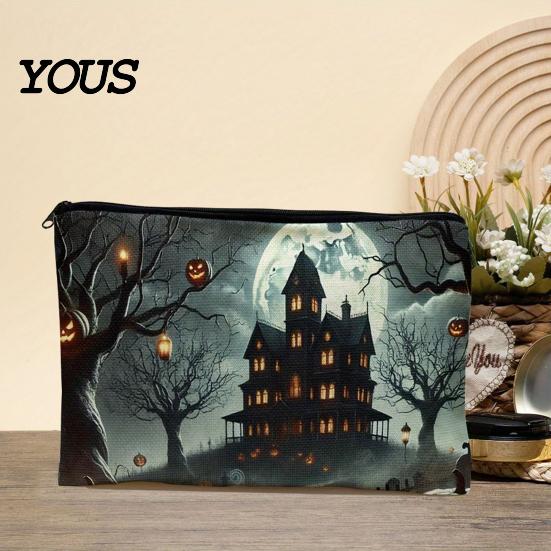 Canvas Pencil Case Storage Bag, Halloween Pattern Print, Durable Zippered Organizer Travel Toiletry Case, for Makeup And Stationery Cosmetic Bag