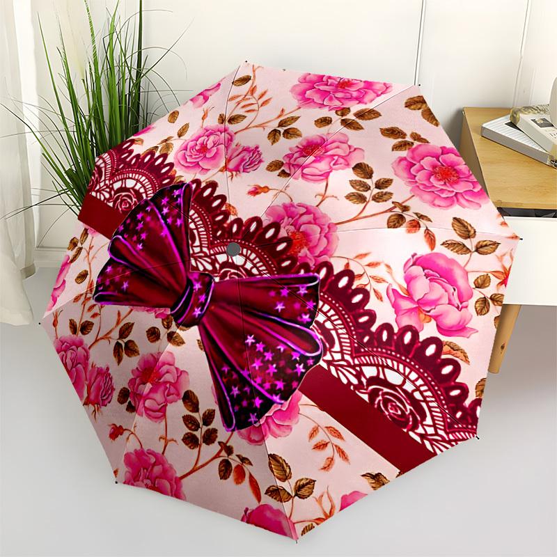 

1pc Floral Bow Automatic Folding Umbrella, 8-Rib Iron Frame, Casual Outdoor Accessory for Birthday Festival Gifts yy251128175