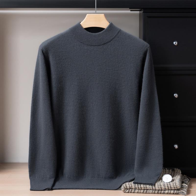 Men's 12-Gauge Double-Layer Cashmere Mock Neck Sweater, Long-Sleeved, Versatile Business Casual, Warm Knitted Base Layer