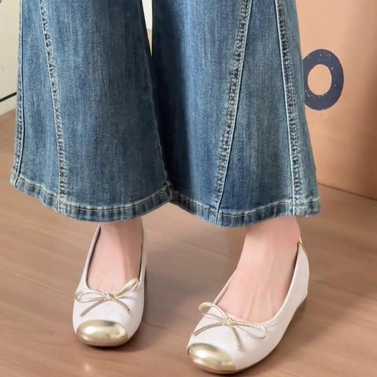 Sheepskin Version~ Genuine Leather French Flat Bottom Inner Height Increase Ballet Single Shoes Women's Bow Gentle Evening Shoes Mary Jane Shoes