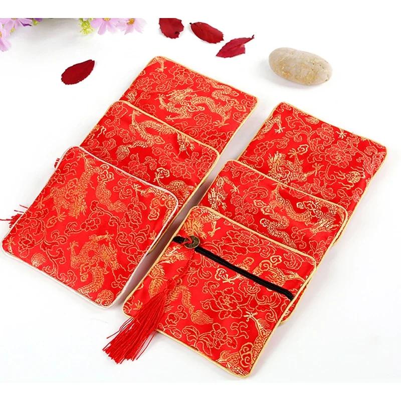 Chinese Brocade Jewelry Bag Handmade Silk Embroidery Padded Small Zipper Tassel Jewelry Organizer Storage Pouch Satin Gift Bag