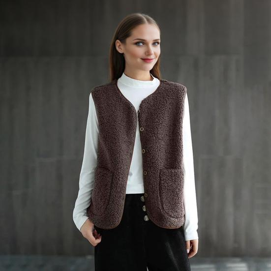 Women's Fleece Vest Button Down Sleeveless Jacket with Pockets Casual Oversized Fuzzy Vest Fall Winter Outerwear
