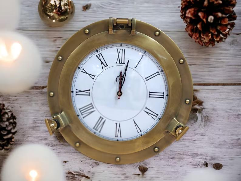 Antique Brass Nautical Maritime Ship's & Boat Clock Marine Time Beach Style Quartz Wall Clock Porthole ~ Home Décor Gift, Housewarming Gift