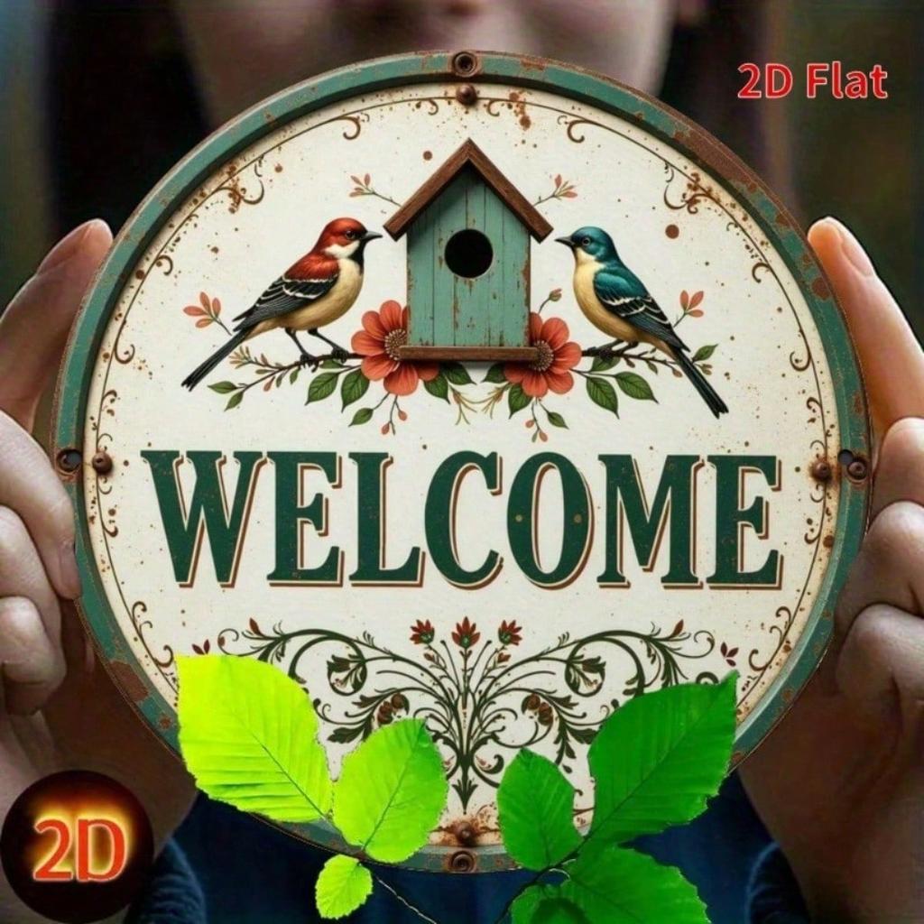 Vintage Metal Wall Art Round Bird and Flower Sign Retro Home Decor
