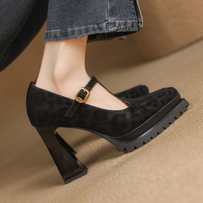 Fashion Versatile High Heels Women Fall 2025 Pointed Toe Platform Block Heel Work Shoes Shallow Mouth Leopard Fashion Single