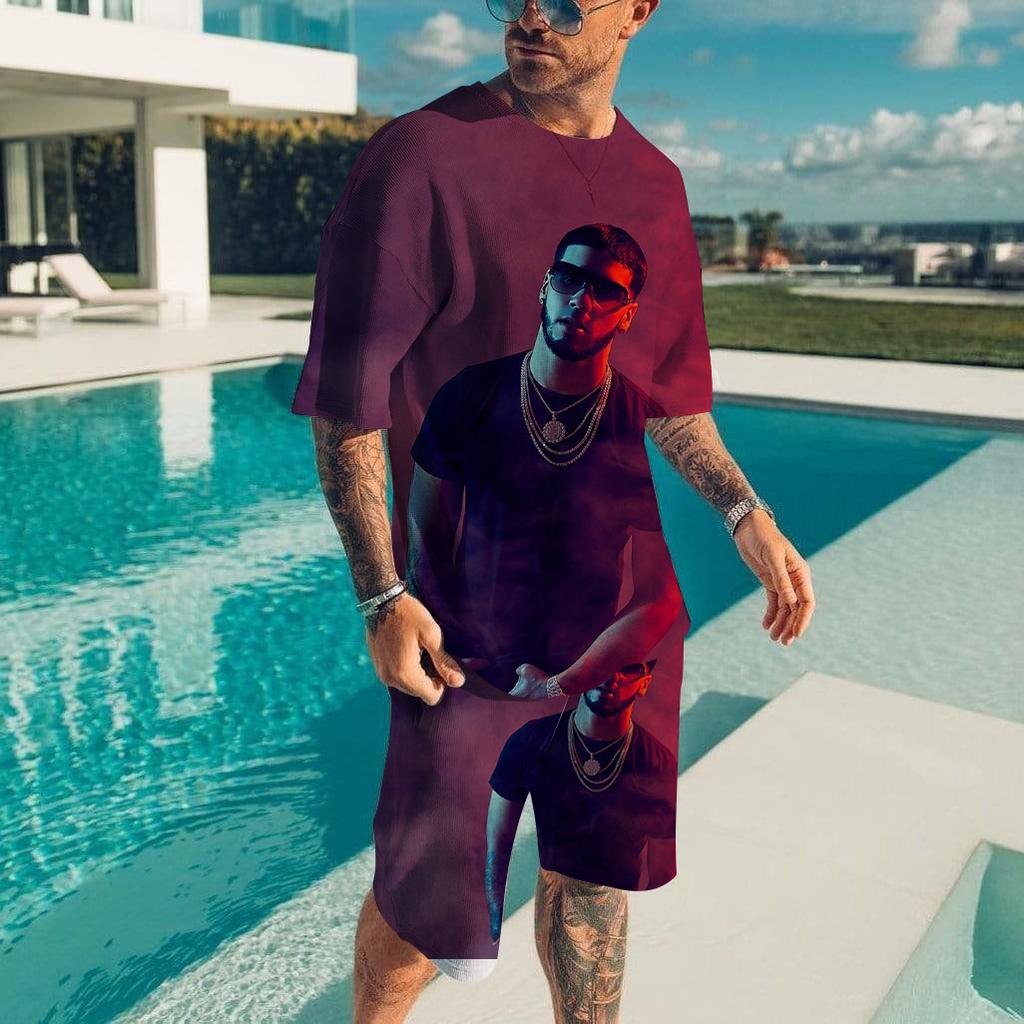 Men T-shirt Sets Rapper Anuel AA 3D Print Fashion Tracksuit T Shirts Shorts 2 Pieces Male Streetwear Oversized Suits Sportswear