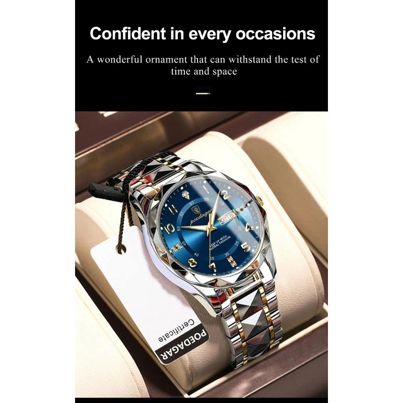 POEDAGAR Luxury Man Wristwatch Waterproof Luminous Date Week Watch Sport Stainless Steel Quartz Watches Male reloj+box