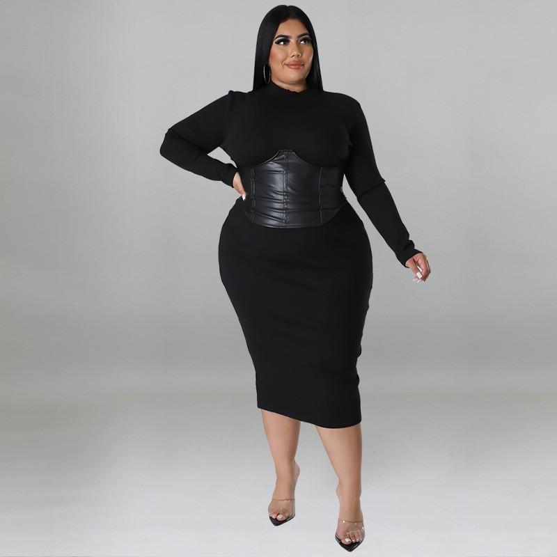 Plus Size Womens Knit Midi Dress With Zipper Detail Double-Layer Collar Long Sleeve Milk Silk Fabric Sweet Fresh Style