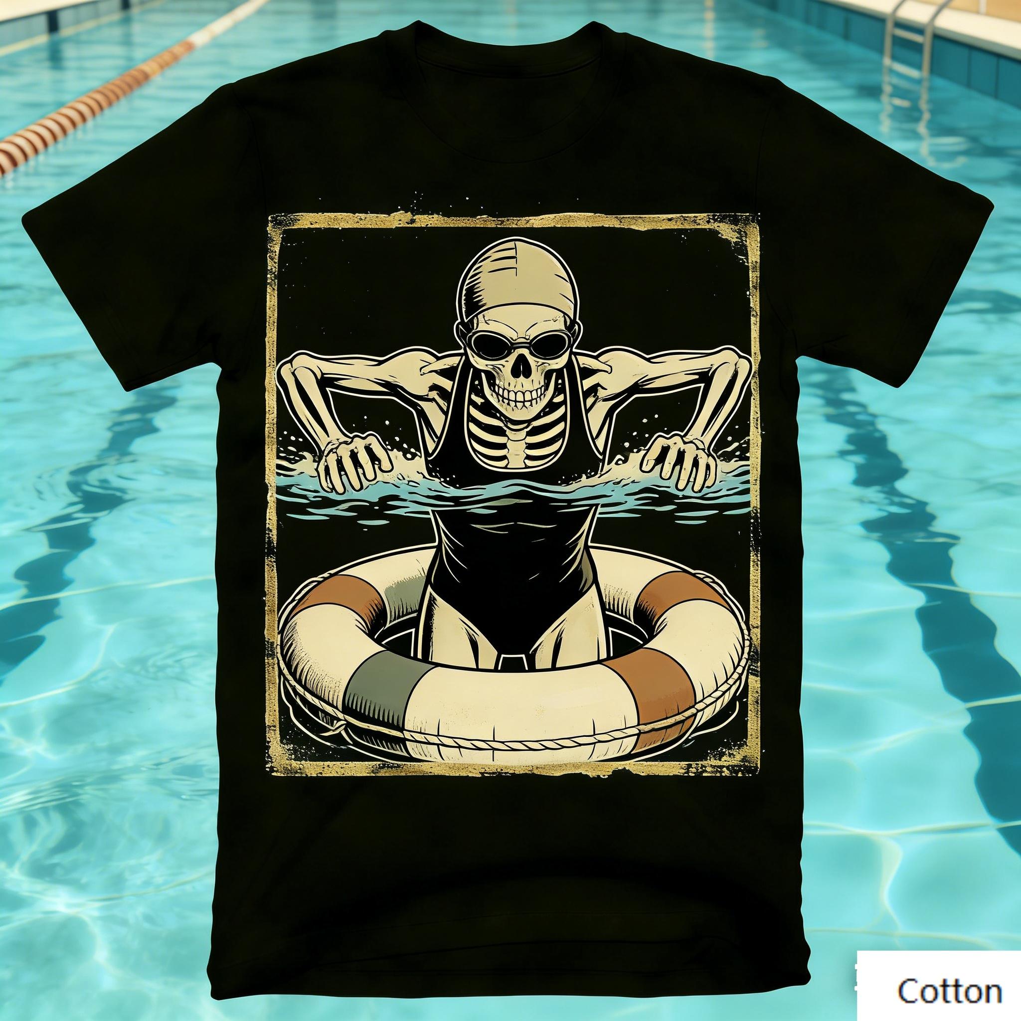 Vintage Skeleton Swimmer Graphic T-Shirt Pool Lifebuoy Print Cotton Short Sleeve Casual Unisex Tee Retro Water Sports Style Top S разноцветный