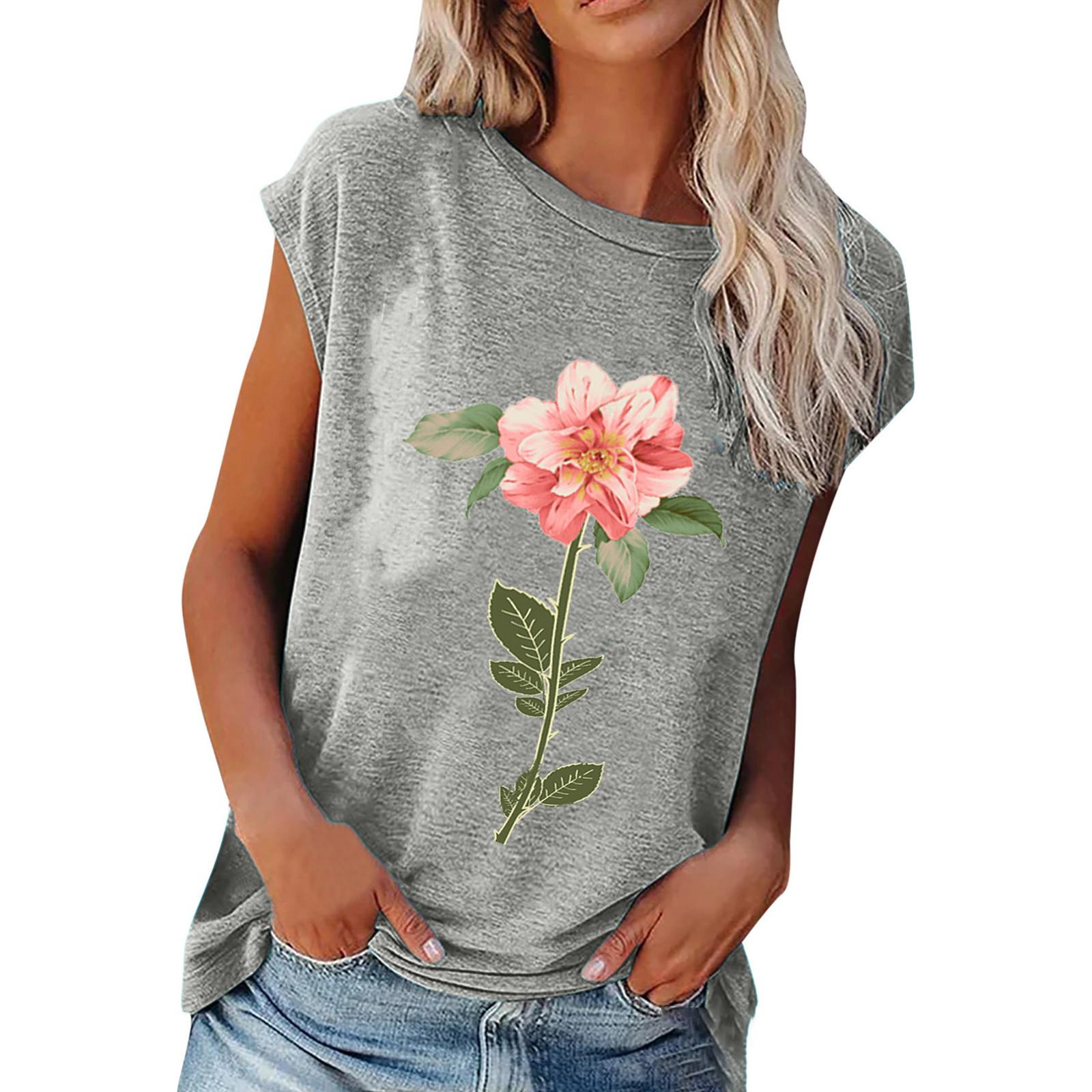 

Women s Summer Casual Fashion Plant Flowers Printing O-neck Short-sleeves Loose T-shirt Top XXXL