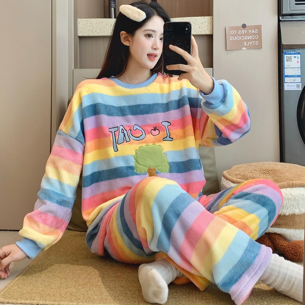 2025 Autumn Winter Warm Flannel Women Pyjamas Sets Thicken Coral Velvet Long Sleeve Cute Cartoon Sleepwear Flannel Pajamas Set for Young Girl