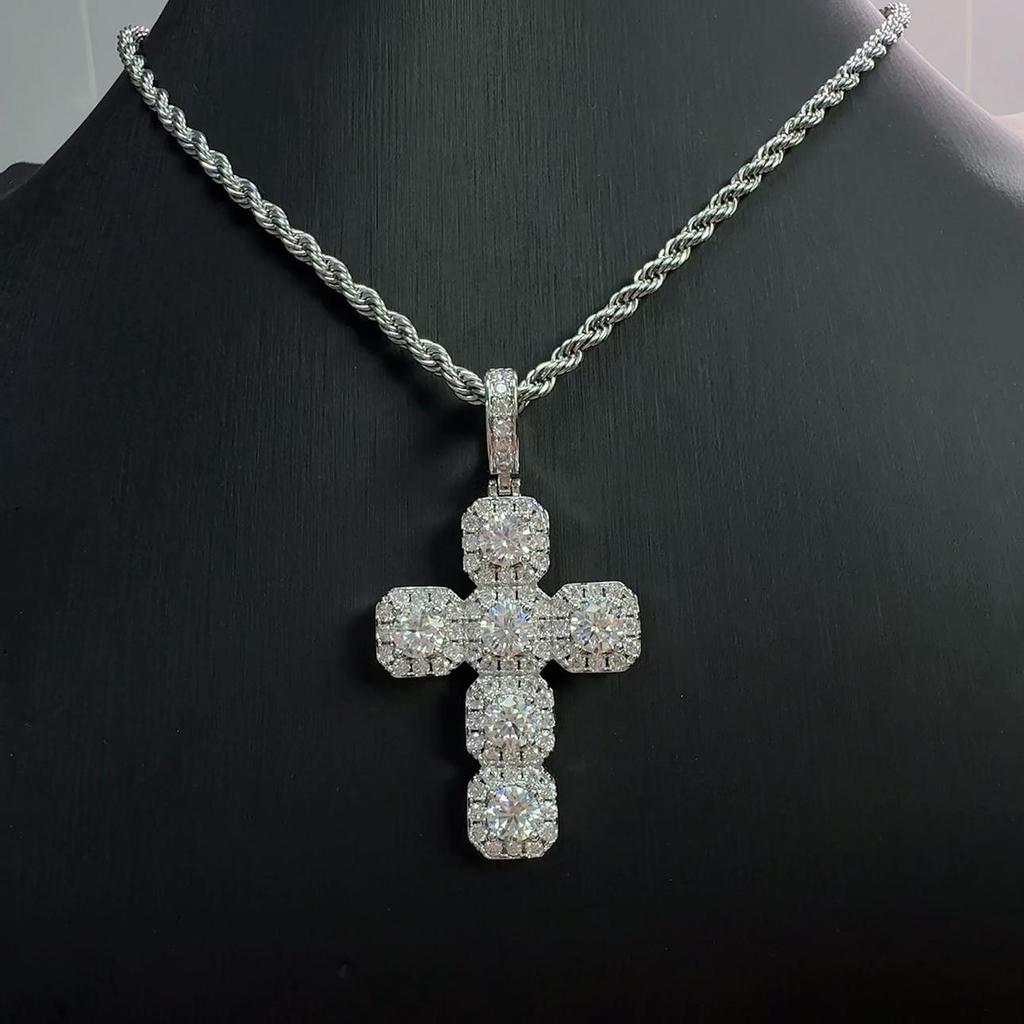 Iced Out Cushion Cross Pendant Necklace Moissanite Gold Plated Copper Hip Hop Jewelry For Men Women