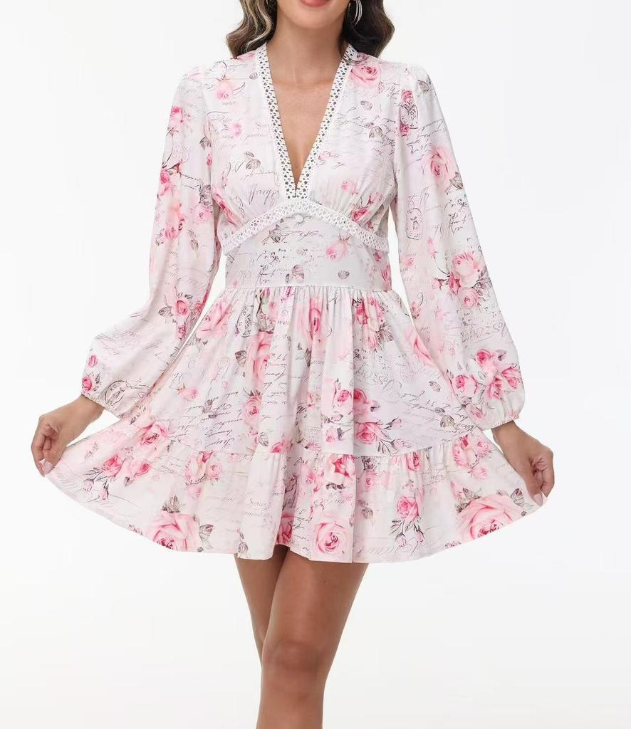 2025 Spring Sweet Print V-neck Lace Short Dress for Women