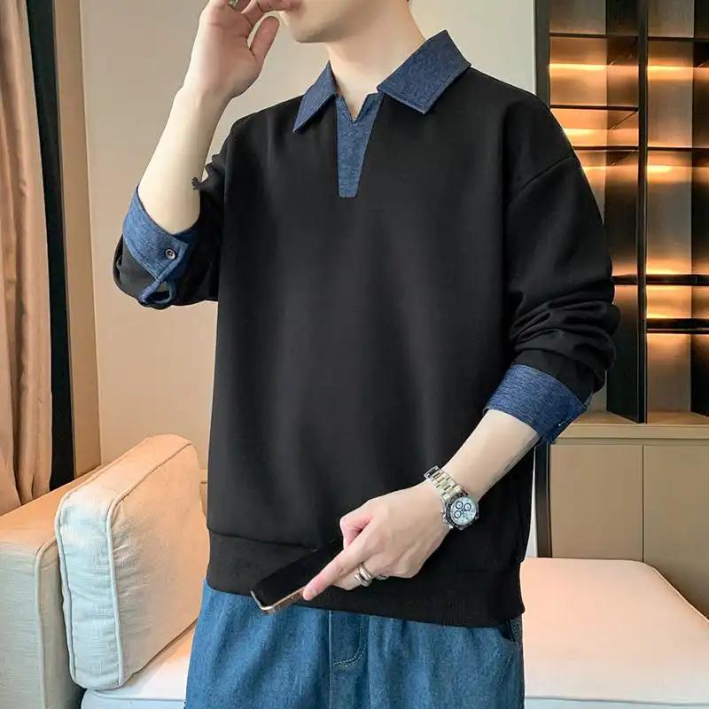 Men's Denim Contrast Polo Collar Sweatshirt Casual Layered Look Pullover