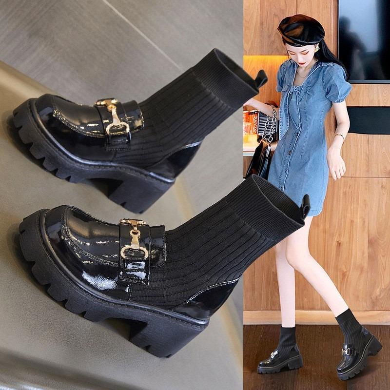Black high-heeled short boots thick-heeled loafers boots integrated with wide-leg pants skirt shoes with socks Martin boots