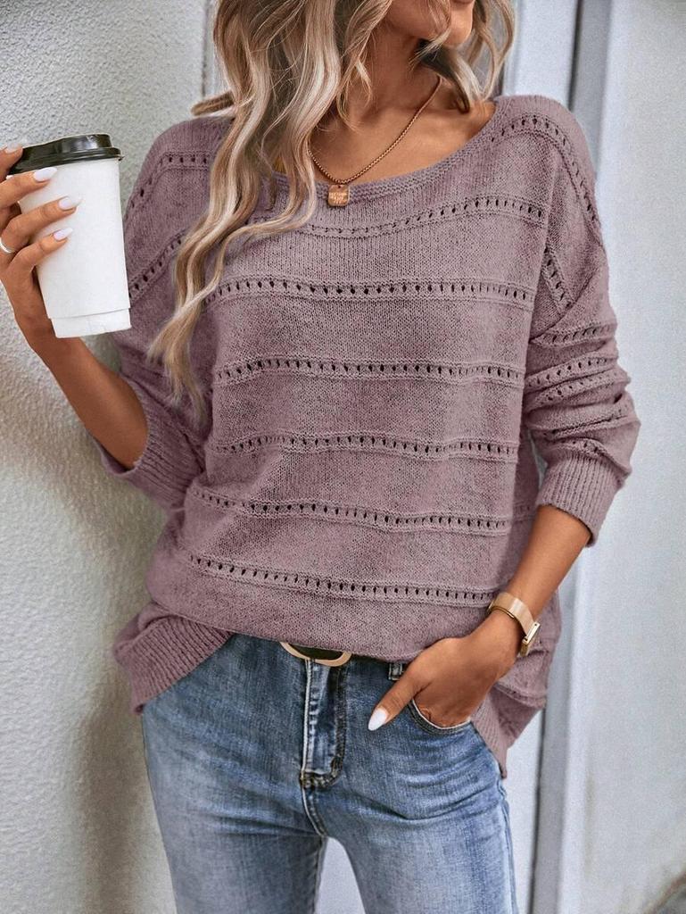 2026 Autumn/Winter Women's European Style Loose Knit Hollow Sweater - Round Neck, Long Sleeve, Casual Pullover