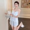 1011 New Ice Silk Pajama Set Women's Spring Summer Sexy Sweet Cute Suspender Shorts with Chest Pad Loungewear